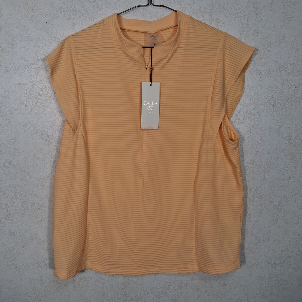 CALIA Renew Cap Sleeve Golf Polo Womens XL Peach Sherbet Ribbed Mock Neck Zip - Picture 1 of 7
